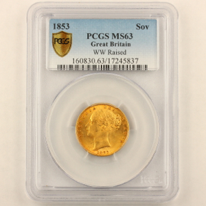 1853 Victoria Sovereign Uncirculated Grade. PCGS - MS63