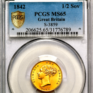 1842 Victoria Half Sovereign Brilliant Uncirculated. PCGS - MS65