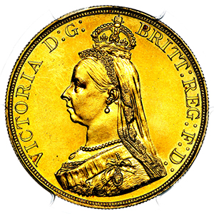 1887 Victoria Five Pounds Brilliant Uncirculated. PCGS - MS65