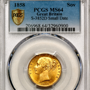 1858 Victoria Sovereign Choice uncirculated grade. PCGS - MS64