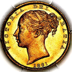1881 Victoria Sovereign Uncirculated. PCGS - MS63