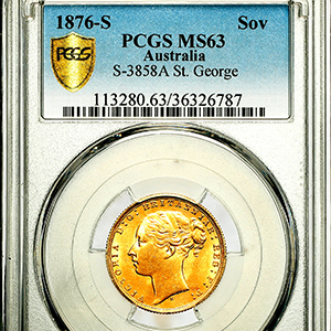 1876 Victoria Sovereign Uncirculated grade. PCGS - MS63
