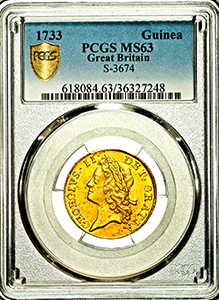1733 George II Guinea Uncirculated grade. PCGS - Mint State 63