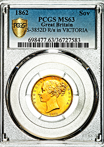 1862 Victoria Sovereign Uncirculated grade. PCGS - Mint State 63