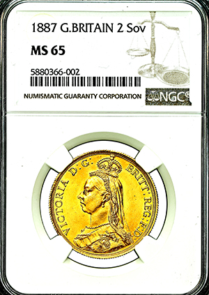 1887 Victoria Jubilee Head Two Pounds Brilliant Uncirculated. NGC - MS65