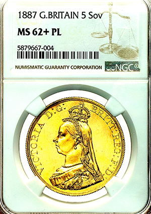 1887 Victoria Five Pounds NGC - MS62+ PL