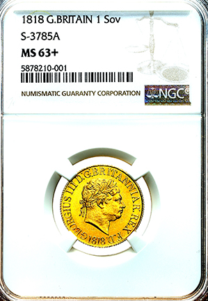 1818 George III Sovereign Uncirculated. NGC - MS63+