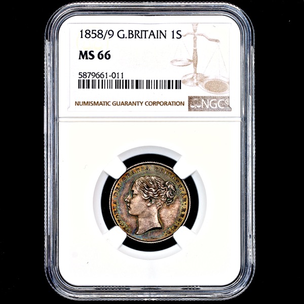1858 Victoria Shilling Brilliant uncirculated. NGC - MS66