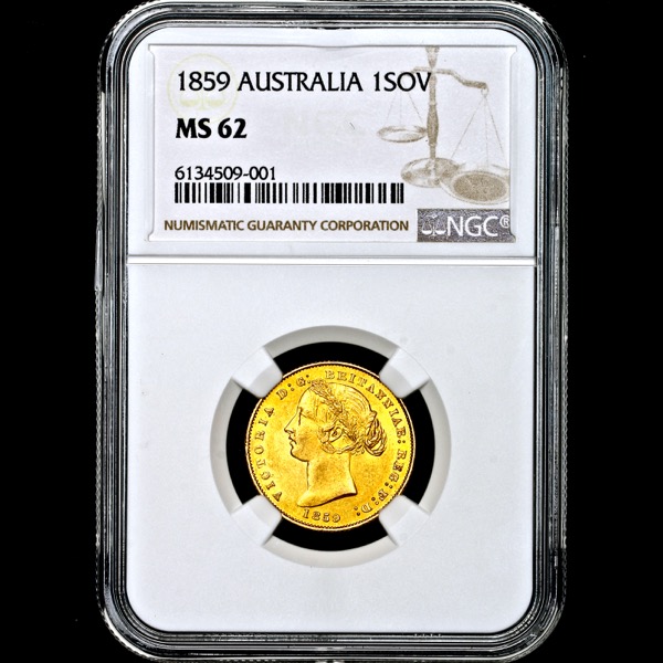 1859 Australian Sovereign Practically Unc. NGC - Mint state 62