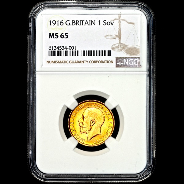 1916 George V Sovereign Brilliant Uncirculated. NGC - M65