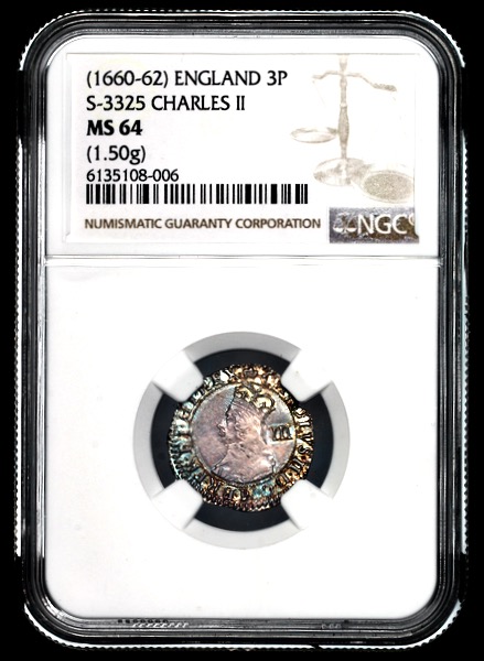 1660-1662 Charles II Threepence Choice Uncirculated. NGC - MS64