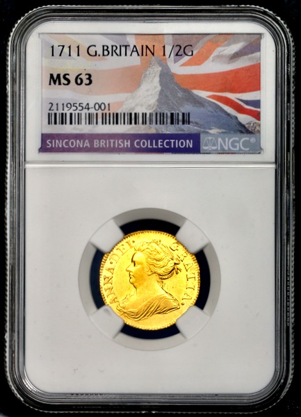 1711 Anne Half Guinea Uncirculated. NGC - MS63