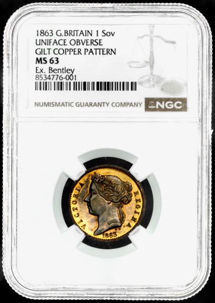 1863 Victoria Pattern Sovereign Uncirculated. NGC - MS63