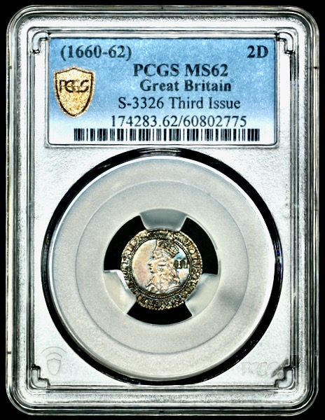 1660-1662 Charles II Threepence Practically Uncirculated. PCGS - MS62